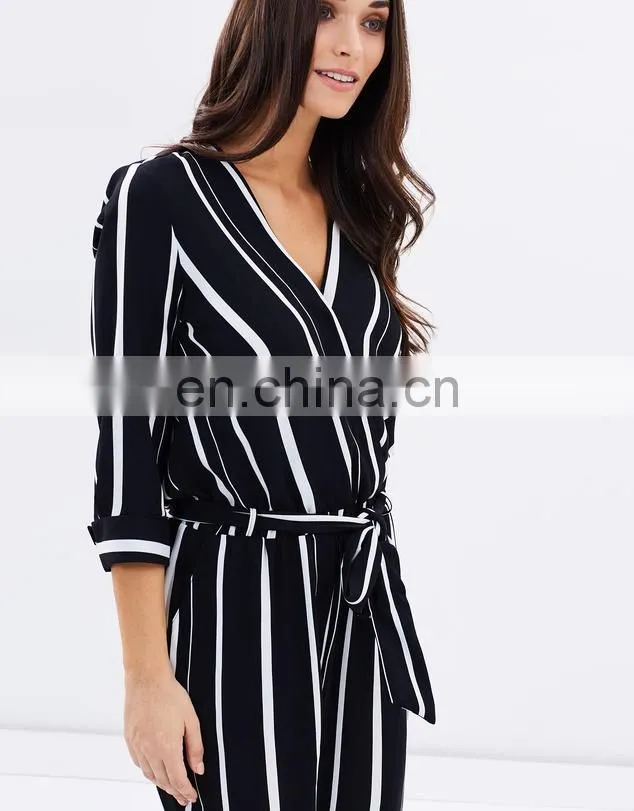 Cheap Wholesale Custom Printing One Piece Jumpsuit Stripe Wrap Autumn Women Fashion Jumpsuit