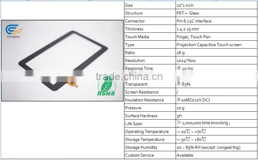 High Resolution 1024*600 10.1" replacement Projection Capacitive touch screen sensor panel