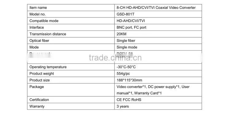 CCTV HD TVI/HDCVI/AHD 1/2/4/8/16/ch fiber optic video converter 8Ch HD TVI Video+1Ch RS485 data