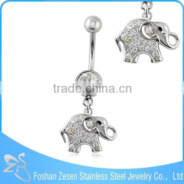 Stainless steel crystal women belly ring dangling elephant body piercing jewelry