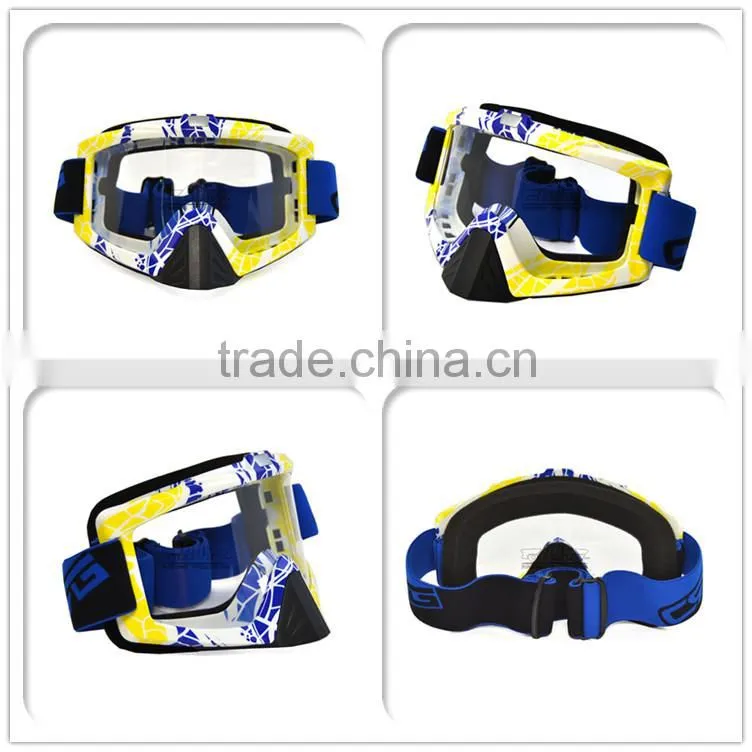 BJ-MG-013 Wholesale Adult Clear Lens Yellow & Blue Frame motorcycle goggles motocross roll off