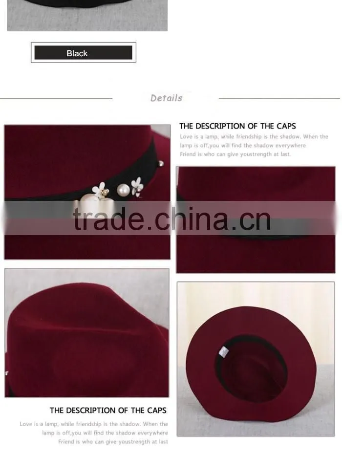 Custom Female Fedora Hat Ribbon beads imitation wool Hat Wide-brimmed For autumn Winter