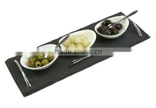 big rectangular black slate tray wth stainless handles