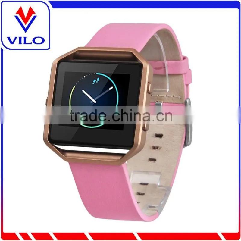 2016 new arrival genuine leather wristband strap for fitbit blaze with metal frame housing