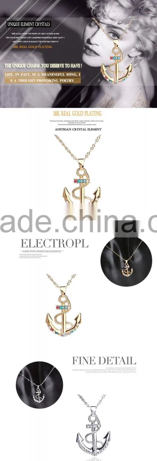 2016 Fashion Anchor Jewelry Crystal Wedding 18K Gold Necklace Designs