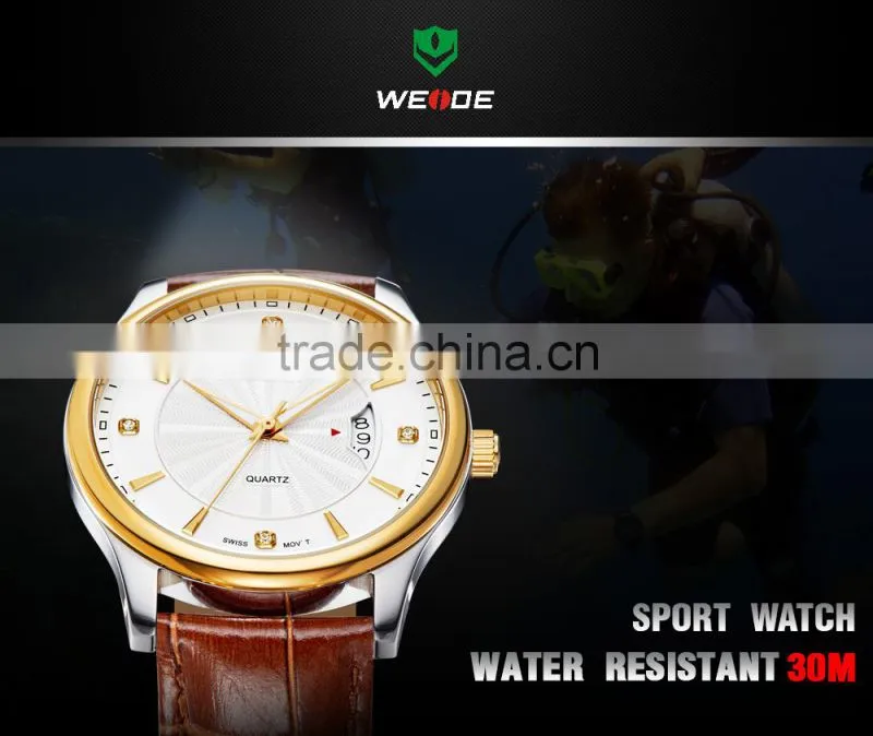 WEIDE 3 Atm Water Resistant Stainless Steel Watches Leather Wrist Straps Gold Men Watch