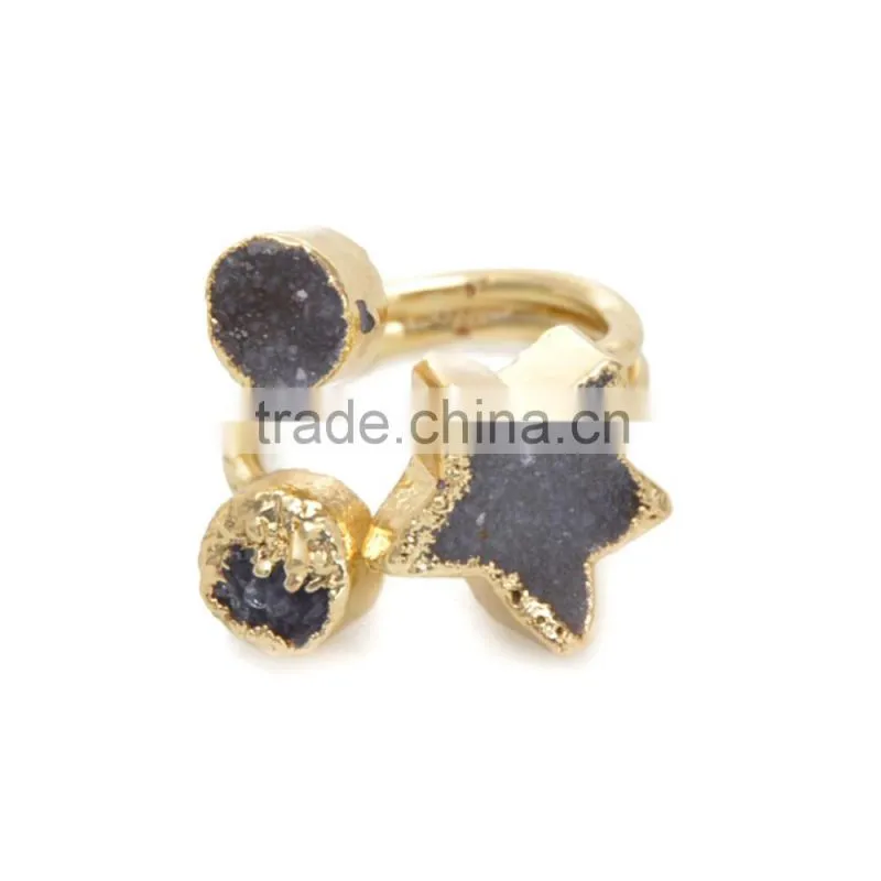 Beautiful Natural Raw Stone Ring Fashion Three Point Quart Ring Adjustable Five-Pointed Star Jewelry