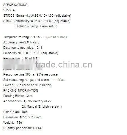 D:S-12:1,Emissivity0.10~1.00(adjustable) ,-32-530C,Laser Aiming Infarared thermometer ST530B