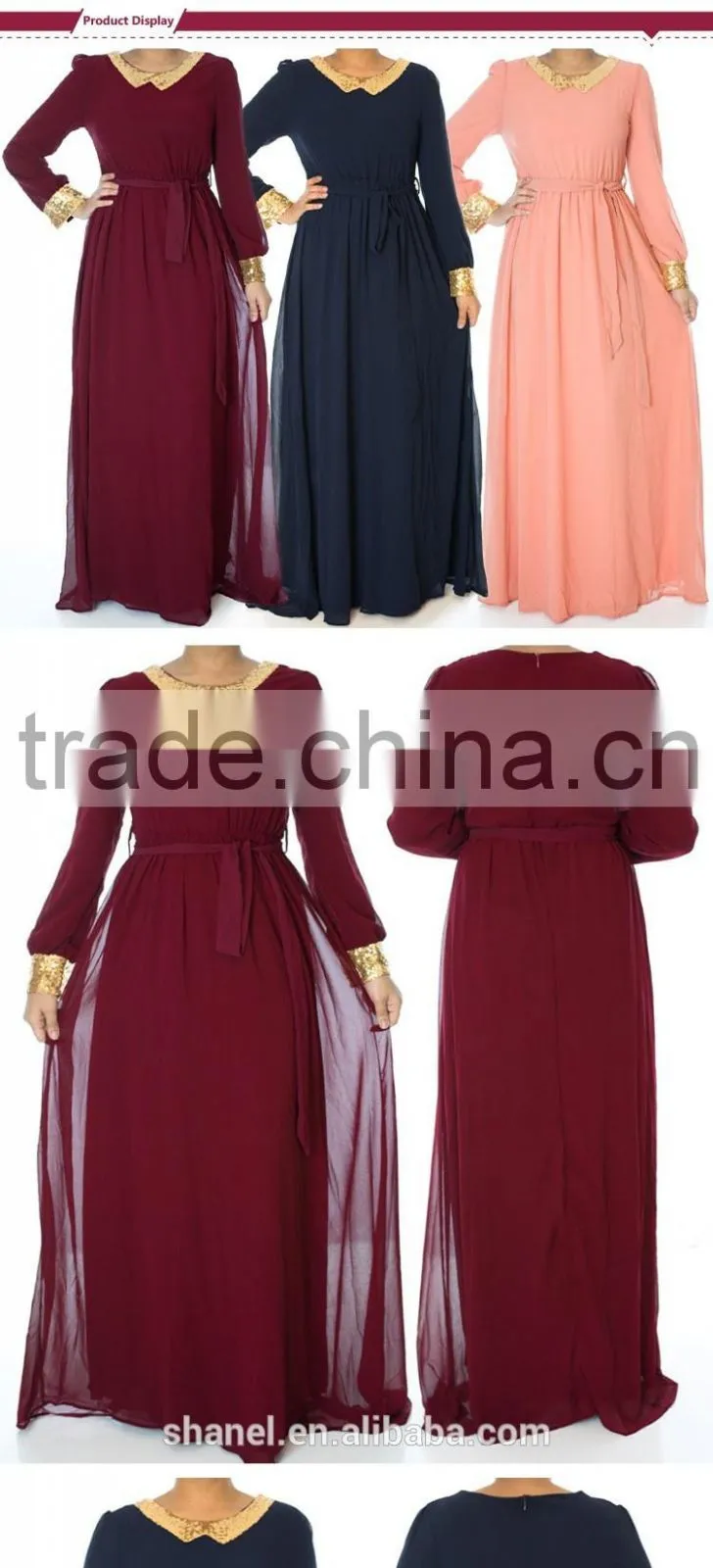 Muslim gold sequins chiffon abaya dress loose long sleeve dubai islamic kaftan