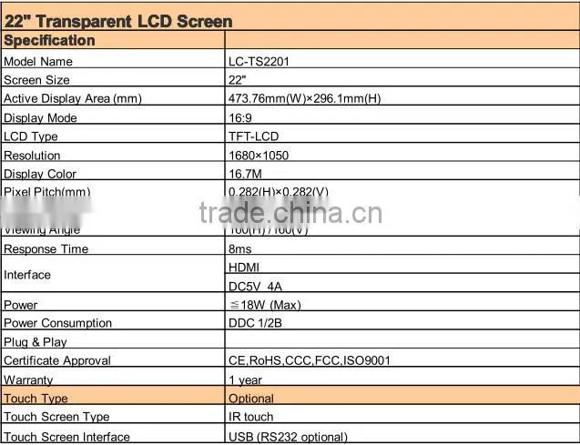 22" transparent lcd IR touch product showing case