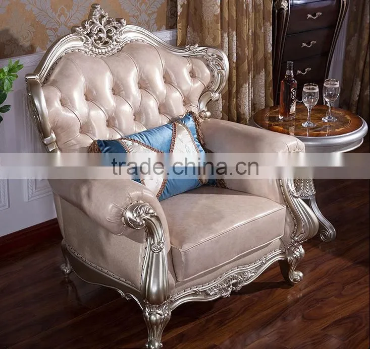 Classic European style living room solid wood magnolia flower hand carving genuine leather sofa set