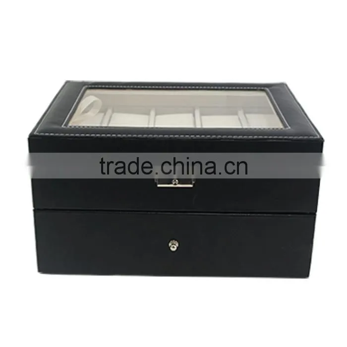 Store More Watch Box Large 20 Mens Black Leather Display Glass Top Jewelry Case Organizer