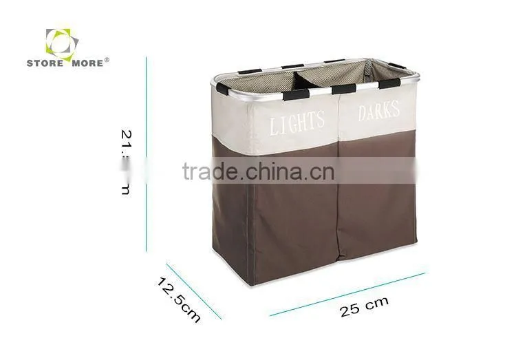 Double Basket Folding Collapsible Laundry Basket With Oxford Fabric, Brown