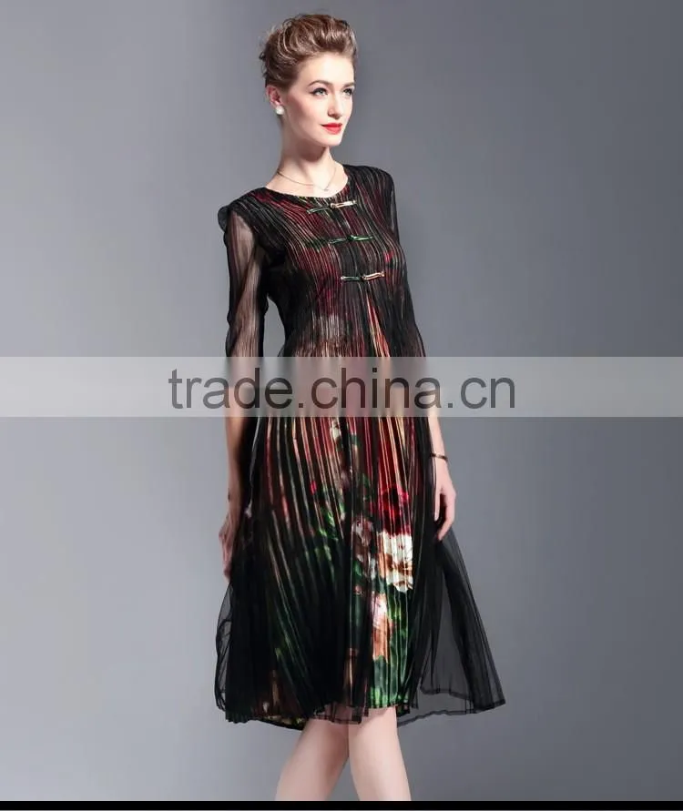Grace flower printed false two pieces draped retro vintage dress for lady