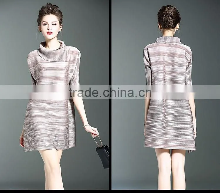 Women striated Polo neck casual pleated dresses
