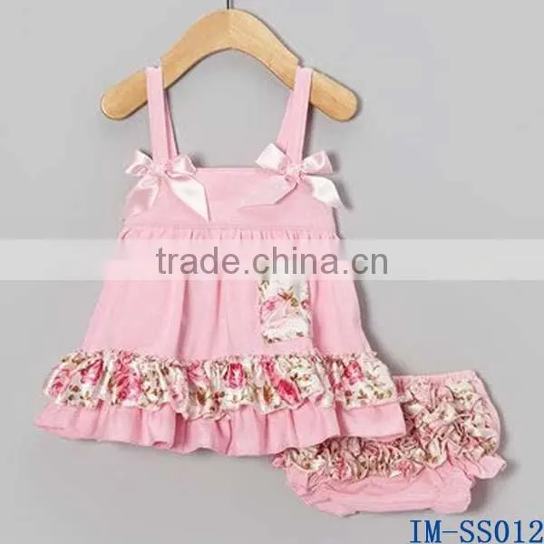 Boutique Wholesale Kids Clothes Adorable Knit Cotton Newborn Baby Girls Swing Top Bloomer Two Pieces Sets with Ruffles IM-SS010