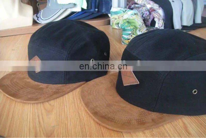Black 5 panel hat with printing flat brim
