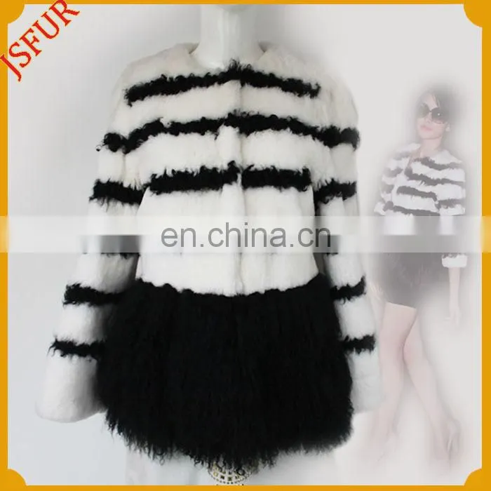 2015 newest striped winter coat natural fur round collar rabbit fur coat