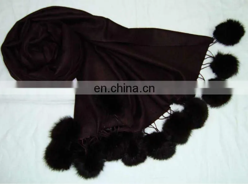 Silk Pashmina wool , Plain Pashmina shawl with Fur balls