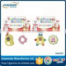 Hot selling plastic funny baby rattle and teether three color ball two-headed bear