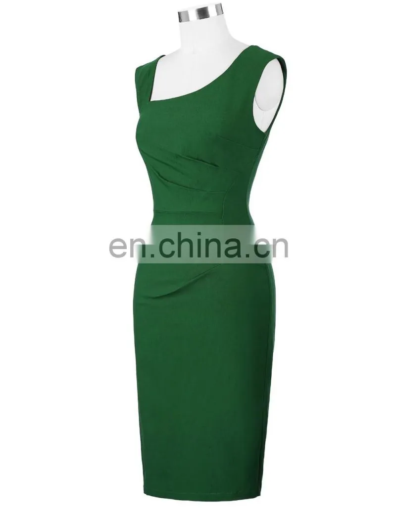 Belle Poque Retro Vintage Slim Fit Sleeveless Hips-Wrapped Bodycon Dark Green Women Business Tight Pencil Dress BP000302-2