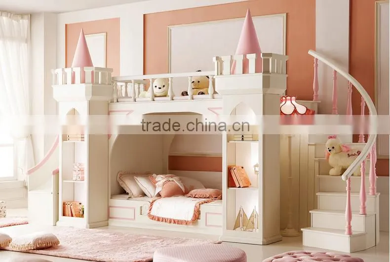 Latest design Royal castle small princess bedroom furniture kids bunk bed for girl