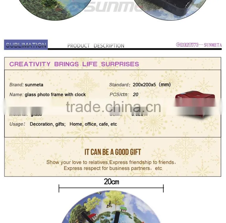 Sunmeta factory directly blank sublimation round shape glass photo frame with clock BL-27