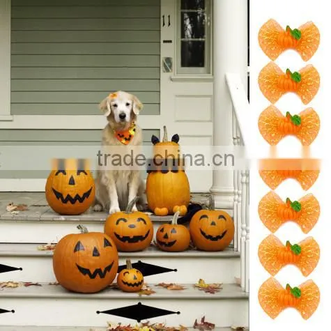 Wholesale Halloween Pumpkin Dog Pet Hair Bow With Rubber Bands