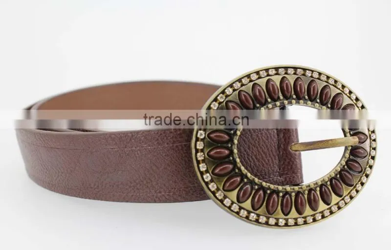 2015 Vintage Style women's fashion PU brand belt with rhinestone circle shape buckle