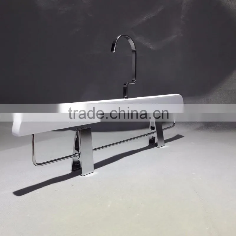 Matt white bottom wooden hanger with long chrome clip hanger long neck hook