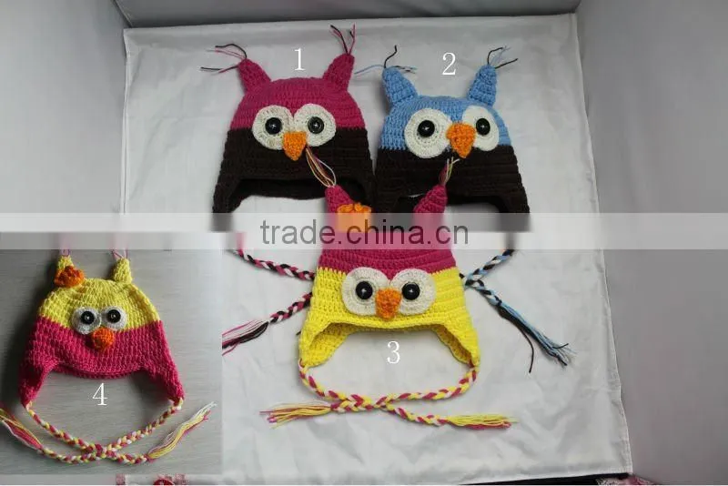 2016 Fashionable Wholesale crochet handmade Owl Hat, dinosaur colorful lovely knitted owl hat for baby