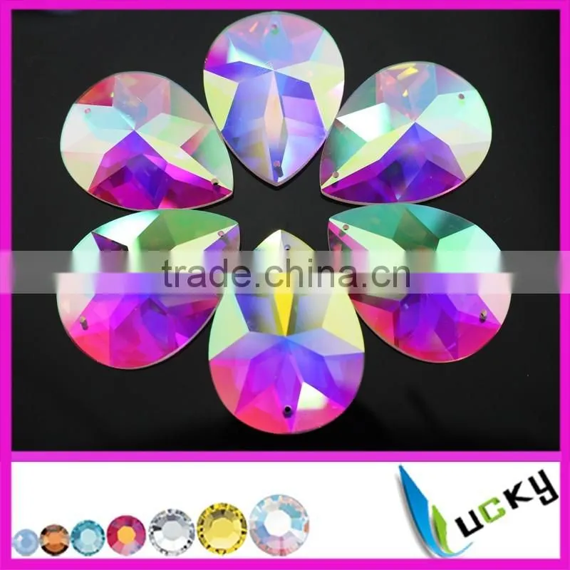 2016New sew on teardrop shape crystal ab color 30*40mm flatback large strass facets rhinestones with/without holes glue on