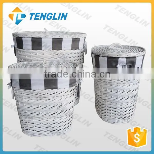 Set 3 white wicker laundry basket wtih liner