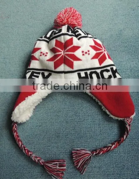 Wholesale Winter Knitted Earflap Hat with Ball Top Snowflake Pattern in China