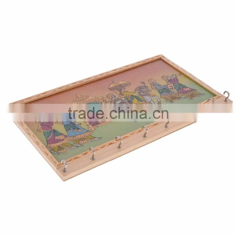 Jaipuri Indian wooden handicraft gem stone art key holder / hanger with 8 hooks