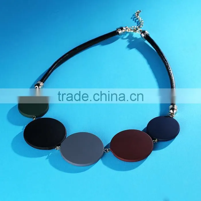 Korean colorful rubber round disc linked pendant necklace popular geometric choker necklace women leather necklace