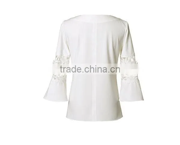 trendy fashion lace sleeve pure white sexy party blouse