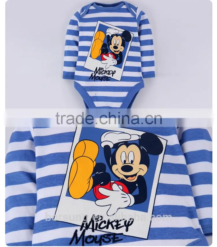 2015 newest arrival blue white stripes boys wear Bodysuits long sleeve printed cartoon mouse Newborn Baby Clothes baby romper