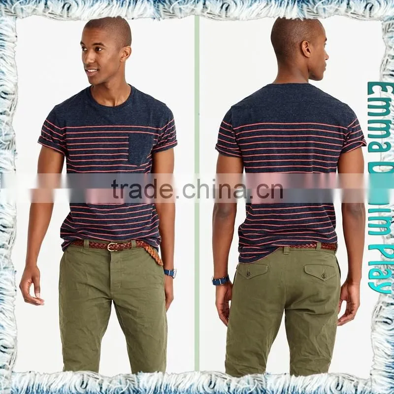 Man's Fashion Striped Design Chest Pocket O-Neck T Shirts