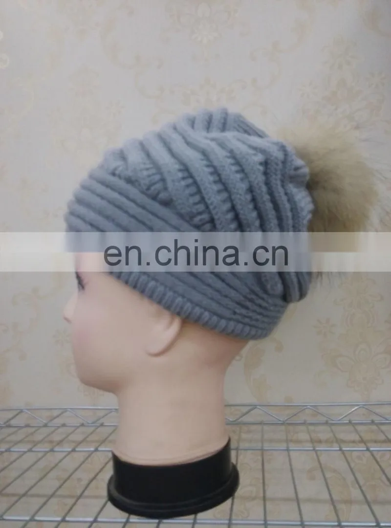 New Style Fashion Wool Knitted With Raccoon Fur Pompom Beanie Hat