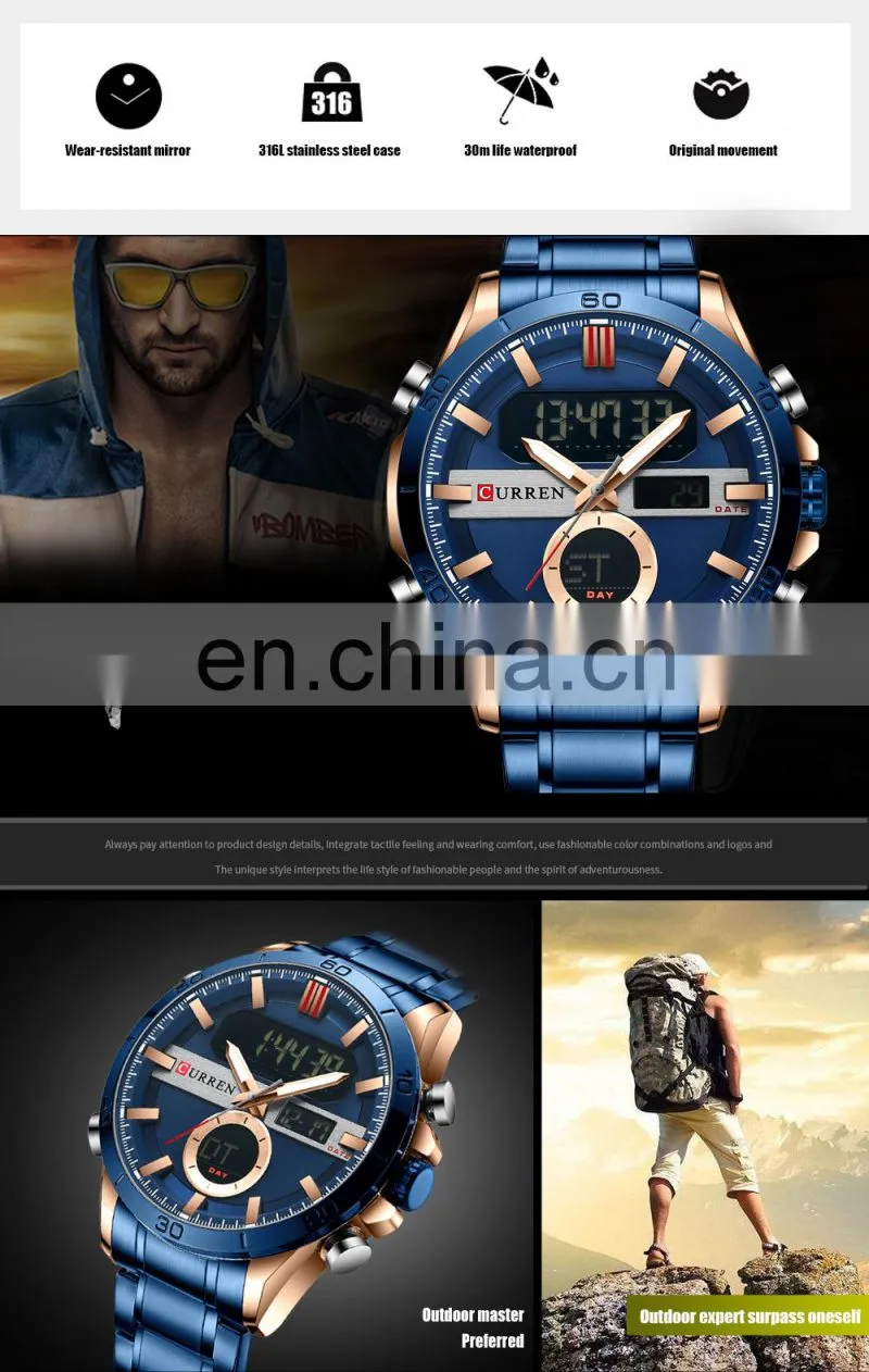 CURREN 8384 Men's Digital Watches Fashion Sport Stainless Steel Chronograph Luminous LED Gold Watch