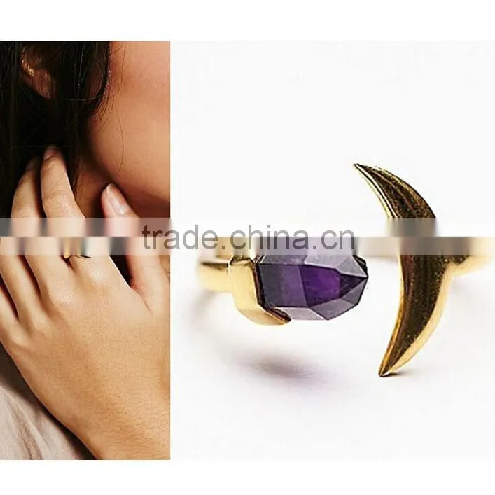 Natural amethyst with gold moon tiny natural stone ring for Valentine's day New year