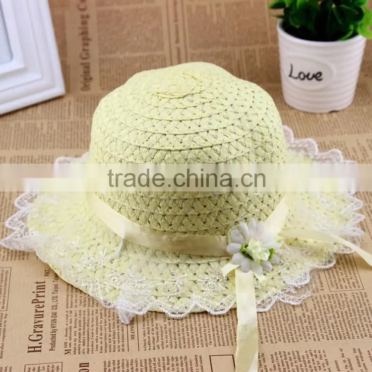 Cute Summer Child Girls Straw,Floppy Flower Beach Hat With Lace Embellishment