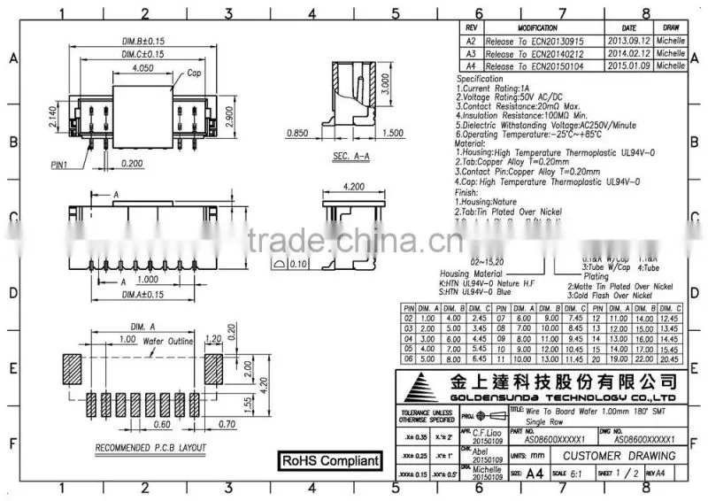 1.0mm Pitch 4-pin PCB Wire to Board SMT 180 Connector
