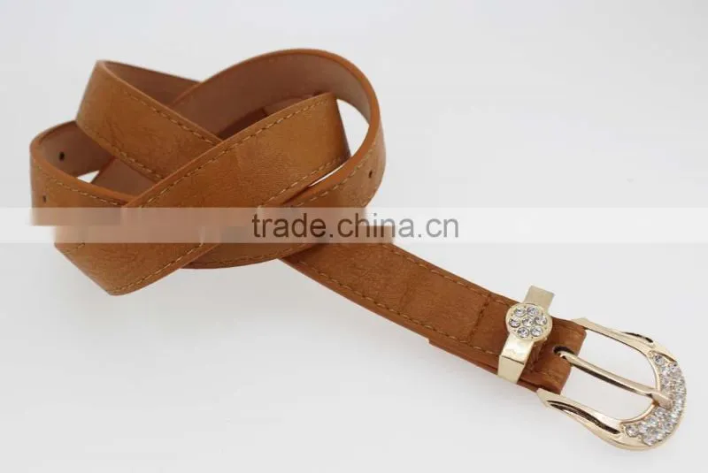 Women's Plain brown PU leather belt with rhinestone buckle
