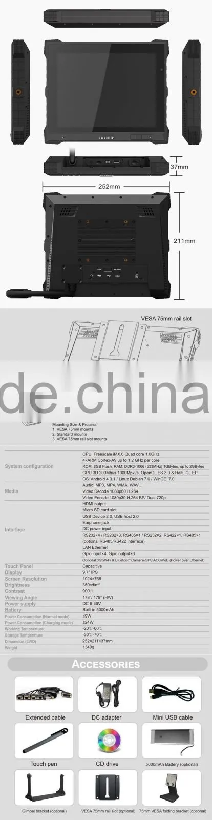 IP64 Lilliput 9.7 inch Android Based Vehicle Tracking System PC-9715