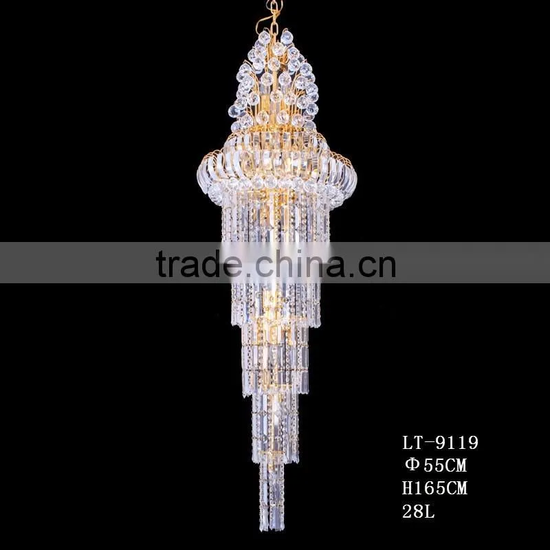 Gold LED Crystal Stair Long Chandeliers Light for Hotel