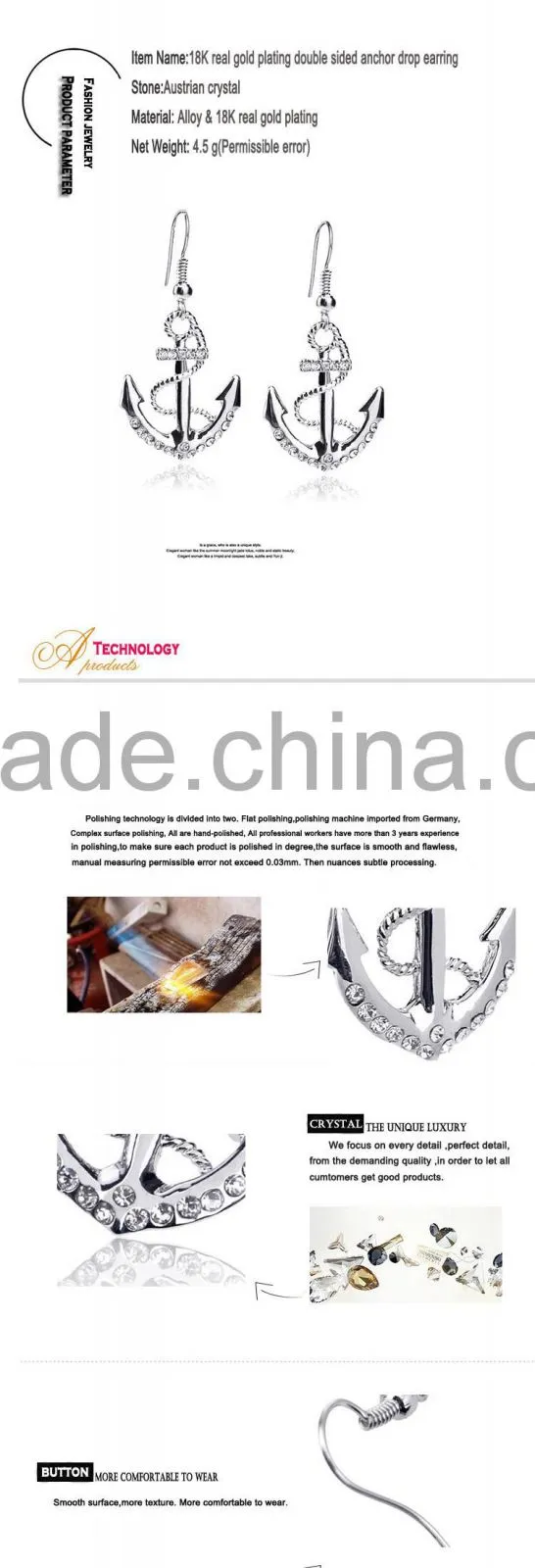 Long Earings 18k White Gold Plated Silver Color Austrian Crystal Rhinestone Dangle Anchor Earring
