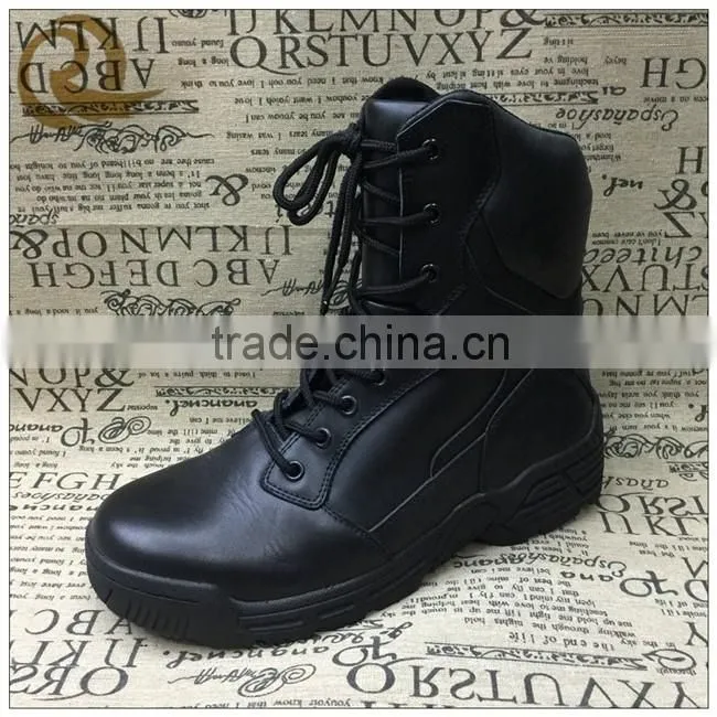 Black genuine leather army military police tactical boots with zipper