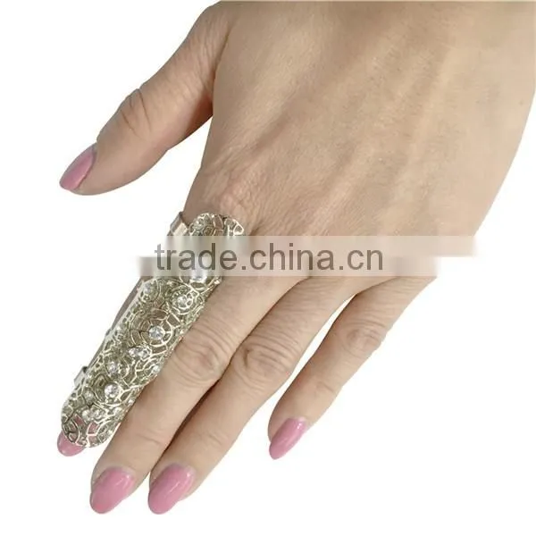 Bling Retro Silver Crystal Armor Knuckle Full Finger Long Ring